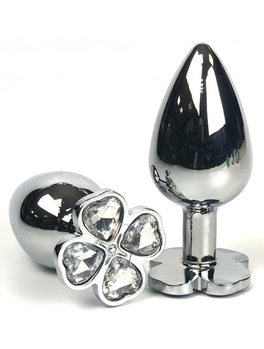 Серебристая анальная втулка с клевером из прозрачных кристаллов - 8 см. - Vandersex - купить с доставкой в Ростове-на-Дону