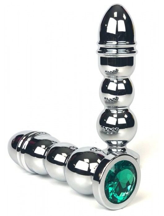 Серебристая закругленная анальная пробка-ёлочка с зеленым кристаллом - 13 см. - Vandersex - купить с доставкой в Ростове-на-Дону