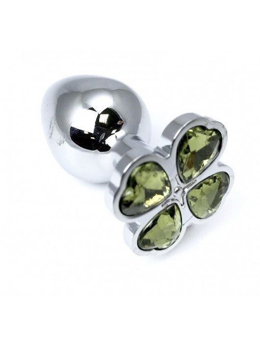 Серебристая анальная втулка с клевером из лаймовых кристаллов - 9 см. - Vandersex - купить с доставкой в Ростове-на-Дону