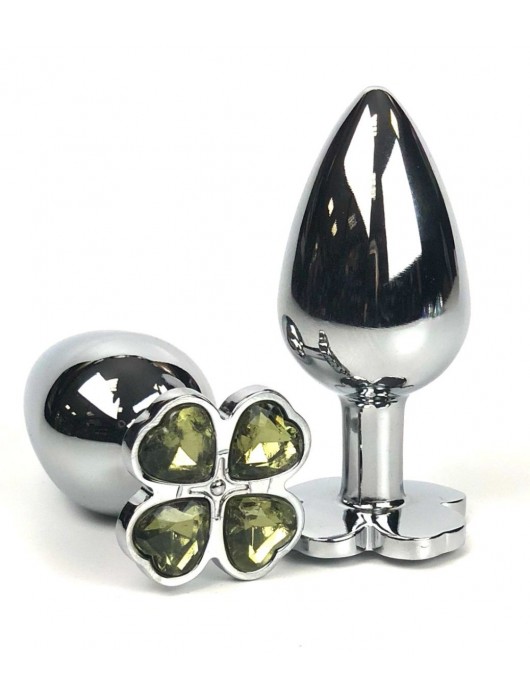 Серебристая анальная втулка с клевером из лаймовых кристаллов - 9 см. - Vandersex - купить с доставкой в Ростове-на-Дону