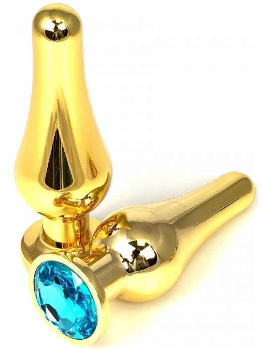 Золотистая удлиненная анальная пробка с голубым кристаллом - 11,5 см. - Vandersex - купить с доставкой в Ростове-на-Дону
