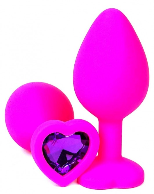 Розовая силиконовая пробка с фиолетовым кристаллом-сердцем - 8 см. - Vandersex - купить с доставкой в Ростове-на-Дону