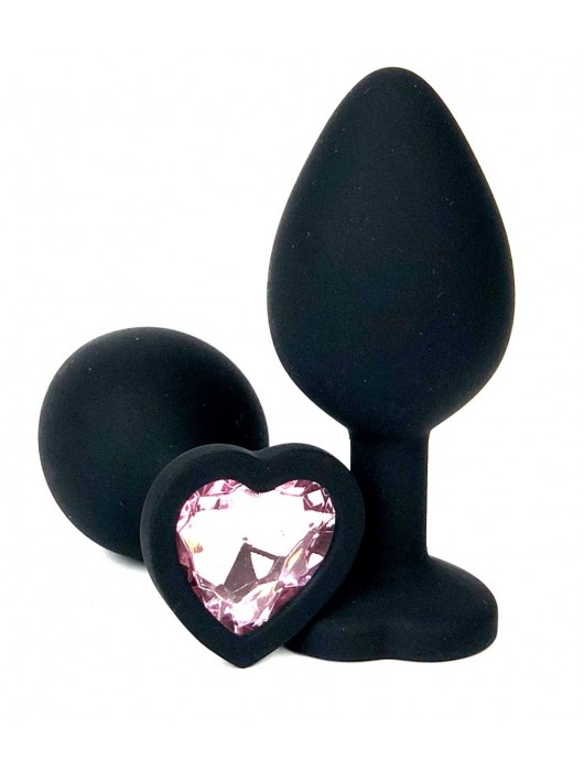Черная силиконовая пробка с нежно-розовым кристаллом-сердцем - 10,5 см. - Vandersex - купить с доставкой в Ростове-на-Дону