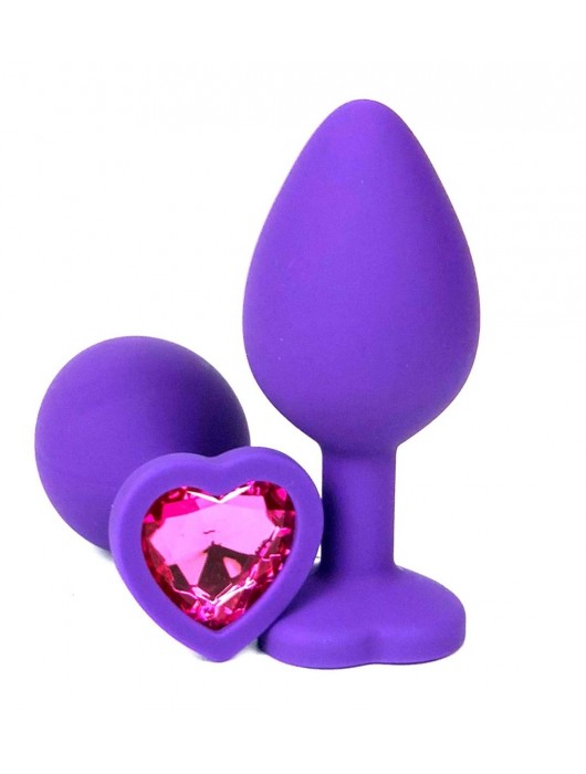 Фиолетовая силиконовая анальная пробка с розовым стразом-сердцем - 7 см. - Vandersex - купить с доставкой в Ростове-на-Дону