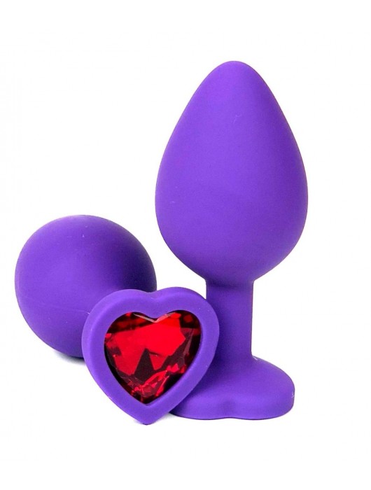 Фиолетовая силиконовая анальная пробка с красным стразом-сердцем - 8,5 см. - Vandersex - купить с доставкой в Ростове-на-Дону