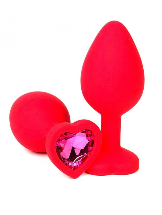 Красная силиконовая анальная пробка с розовым стразом-сердцем - 8 см. - Vandersex - купить с доставкой в Ростове-на-Дону