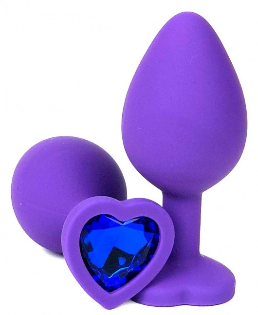 Фиолетовая силиконовая анальная пробка с синим стразом-сердцем - 8,5 см. - Vandersex - купить с доставкой в Ростове-на-Дону