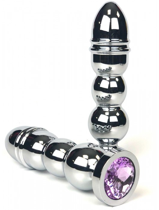 Серебристая закругленная анальная пробка-ёлочка с сиреневым кристаллом - 13 см. - Vandersex - купить с доставкой в Ростове-на-Дону