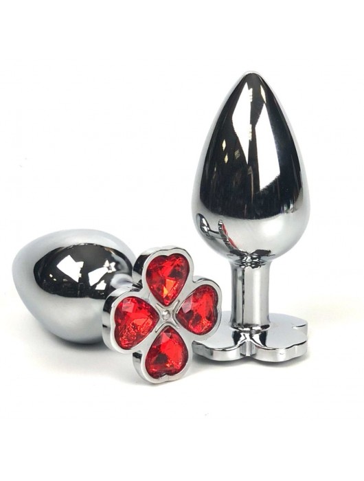 Серебристая анальная втулка с клевером из красных кристаллов - 6,5 см. - Vandersex - купить с доставкой в Ростове-на-Дону
