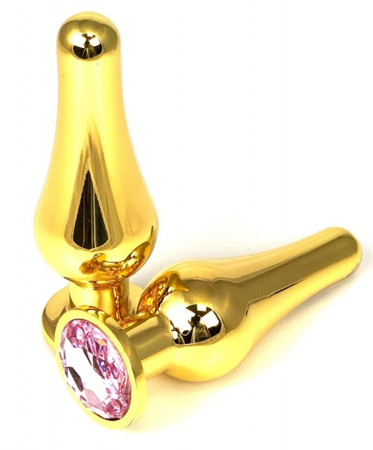 Золотистая удлиненная анальная пробка с нежно-розовым кристаллом - 9 см. - Vandersex - купить с доставкой в Ростове-на-Дону