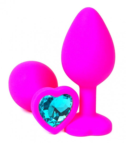Розовая силиконовая пробка с голубым кристаллом-сердцем - 10,5 см. - Vandersex - купить с доставкой в Ростове-на-Дону