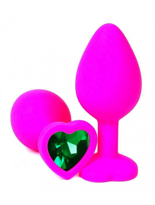 Розовая силиконовая пробка с зеленым кристаллом-сердцем - 8 см. - Vandersex - купить с доставкой в Ростове-на-Дону