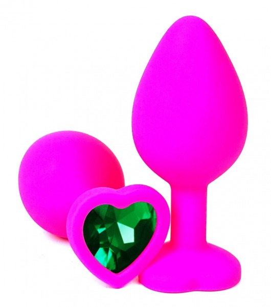 Розовая силиконовая пробка с зеленым кристаллом-сердцем - 8,5 см. - Vandersex - купить с доставкой в Ростове-на-Дону