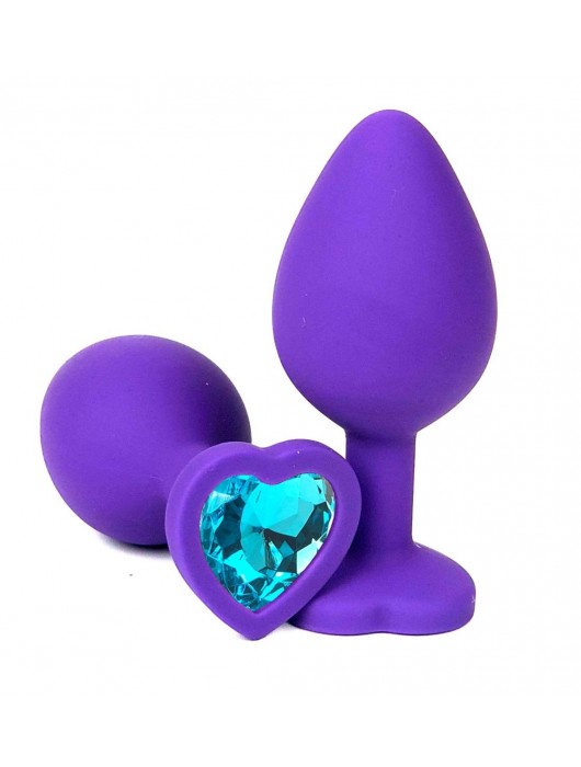 Фиолетовая силиконовая анальная пробка с голубым стразом-сердцем - 10,5 см. - Vandersex - купить с доставкой в Ростове-на-Дону