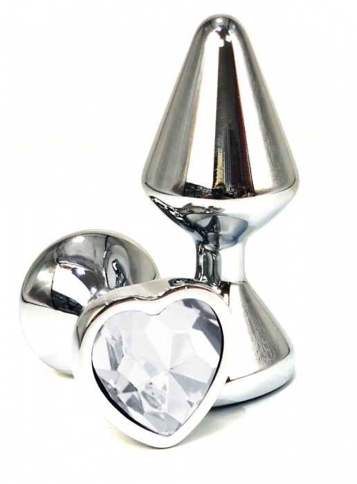 Серебристая анальная пробка с прозрачным стразом-сердцем - 8 см. - Vandersex - купить с доставкой в Ростове-на-Дону