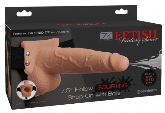 Телесный полый страпон с имитацией эякуляции 7.5  Hollow Squirting Strap-On with Balls Flesh - 21,6 см. - Pipedream - купить с доставкой в Ростове-на-Дону