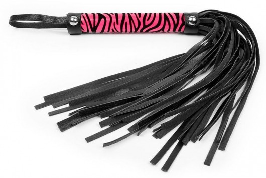 Черная многохвостовая плеть с круглой розовой ручкой-зеброй - 39 см. - Notabu - купить с доставкой в Ростове-на-Дону