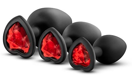 Набор черных анальных пробок с красным кристаллом-сердечком Bling Plugs Training Kit - Blush Novelties - купить с доставкой в Ростове-на-Дону