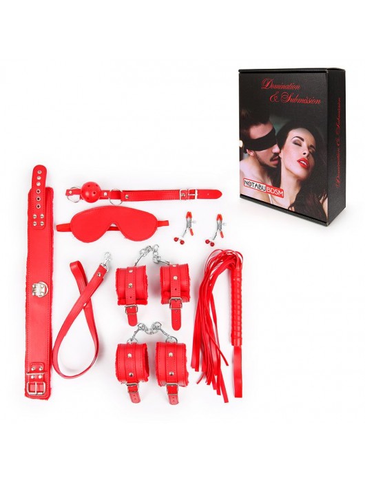Большой набор БДСМ в красном цвете: маска, кляп, зажимы, плётка, ошейник, наручники, оковы - Bior toys - купить с доставкой в Ростове-на-Дону