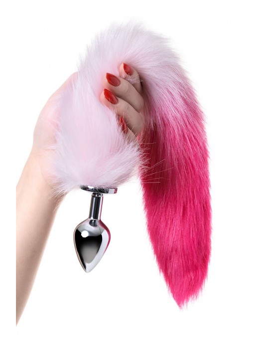 Серебристая анальная втулка с бело-розовым хвостом - размер M - ToyFa - купить с доставкой в Ростове-на-Дону