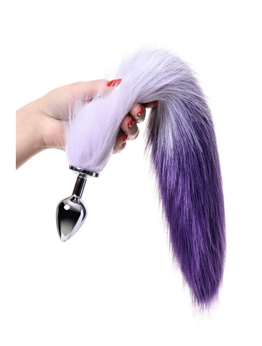 Серебристая металлическая анальная втулка с фиолетово-белым хвостом - размер M - ToyFa - купить с доставкой в Ростове-на-Дону