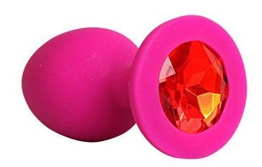 Ярко-розовая анальная пробка с красным кристаллом - 9,5 см. - 1137 - купить с доставкой в Ростове-на-Дону