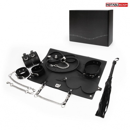Черный набор БДСМ в сумке: маска, ошейник с поводком, наручники, оковы, плеть - Bior toys - купить с доставкой в Ростове-на-Дону