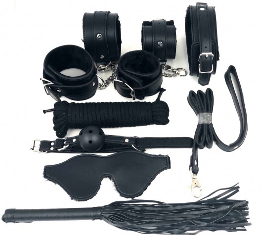 Набор БДСМ в черном цвете: наручники, поножи, кляп, ошейник с поводком, маска, веревка, плеть - Vandersex - купить с доставкой в Ростове-на-Дону
