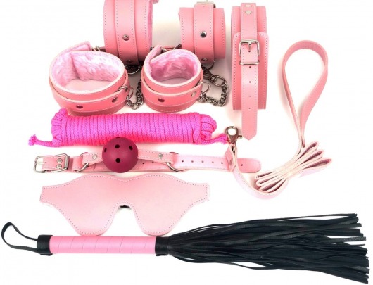 Набор БДСМ в розовом цвете: наручники, поножи, кляп, ошейник с поводком, маска, веревка, плеть - Vandersex - купить с доставкой в Ростове-на-Дону