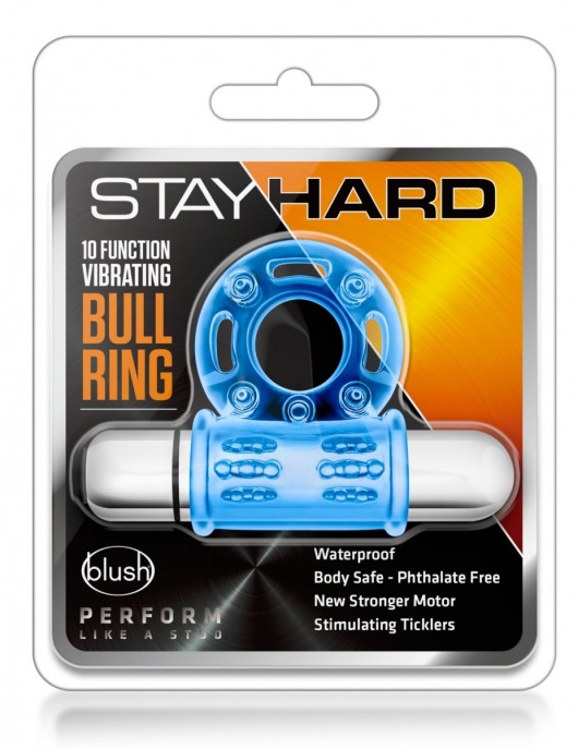 Голубое эрекционное виброкольцо 10 Function Vibrating Mega Bull Ring - Blush Novelties - в Ростове-на-Дону купить с доставкой