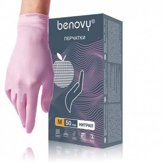 Розовые нитриловые перчатки BENOVY размера M - 100 шт.(50 пар) - Rubber Tech Ltd - купить с доставкой в Ростове-на-Дону