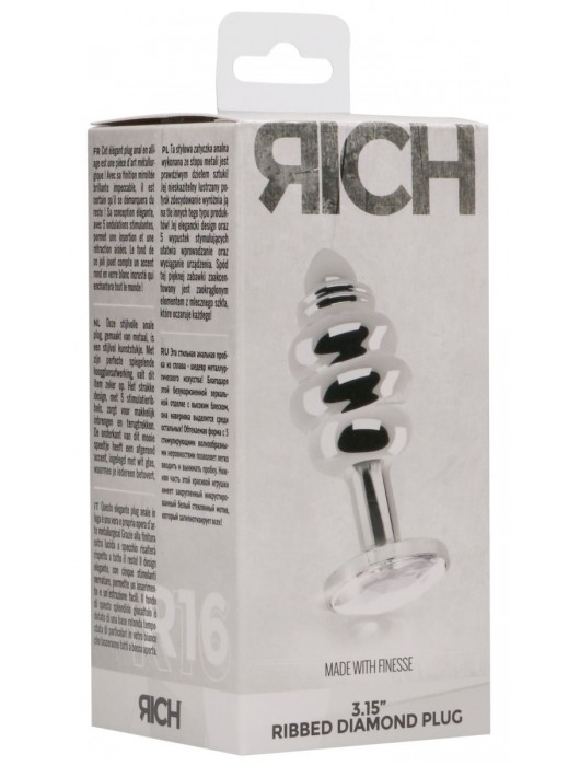 Серебристая ребристая анальная пробка с прозрачным кристаллом - 8,3 см. - Shots Media BV - купить с доставкой в Ростове-на-Дону