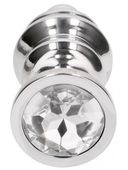 Серебристая ребристая анальная пробка с прозрачным кристаллом - 8,3 см. - Shots Media BV - купить с доставкой в Ростове-на-Дону