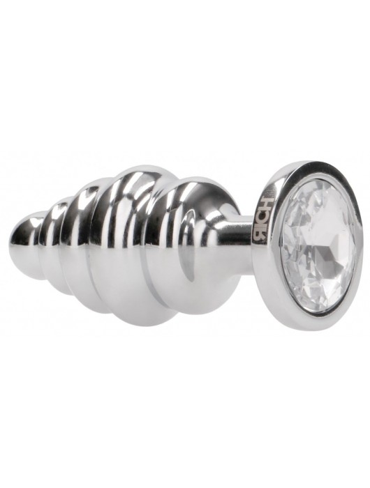Серебристая ребристая анальная пробка с прозрачным кристаллом - 8,3 см. - Shots Media BV - купить с доставкой в Ростове-на-Дону