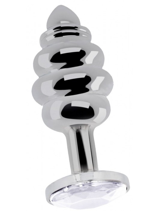 Серебристая ребристая анальная пробка с прозрачным кристаллом - 8,3 см. - Shots Media BV - купить с доставкой в Ростове-на-Дону