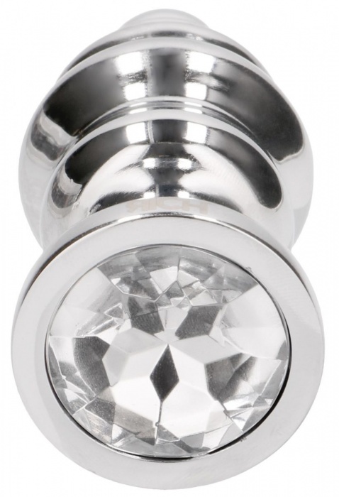Серебристая ребристая анальная пробка с прозрачным кристаллом - 9,2 см. - Shots Media BV - купить с доставкой в Ростове-на-Дону