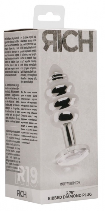 Серебристая ребристая анальная пробка с прозрачным кристаллом - 9,2 см. - Shots Media BV - купить с доставкой в Ростове-на-Дону