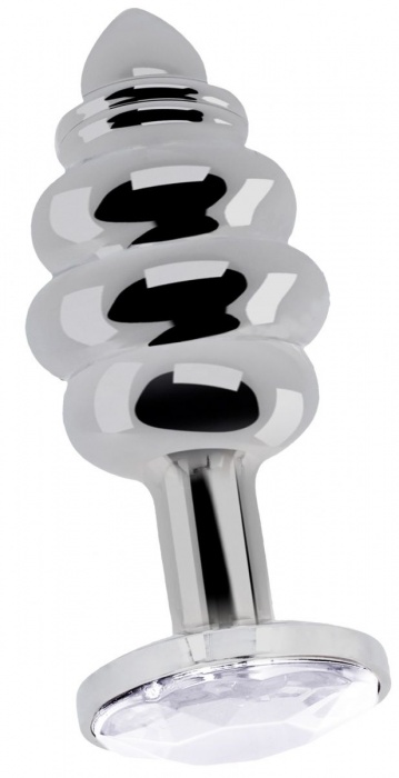 Серебристая ребристая анальная пробка с прозрачным кристаллом - 9,2 см. - Shots Media BV - купить с доставкой в Ростове-на-Дону
