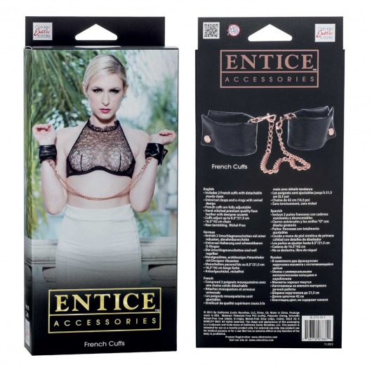 Черные мягкие наручники Entice French Cuffs с цепью - California Exotic Novelties - купить с доставкой в Ростове-на-Дону