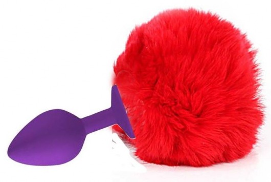 Фиолетовая анальная пробка с пушистым красным хвостиком зайки - Vandersex