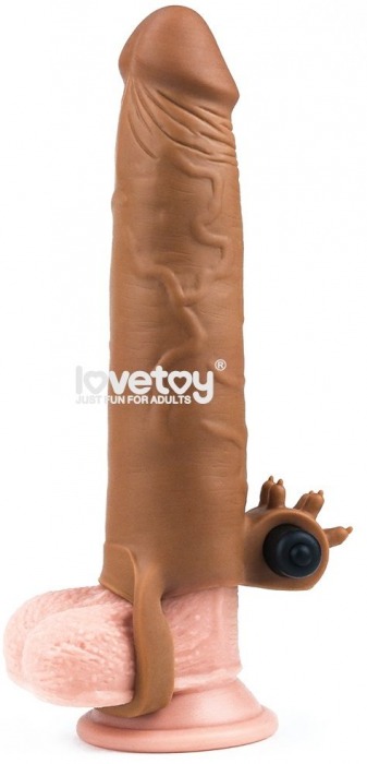 Коричневая вибронасадка-удлинитель на пенис Add 3 Pleasure X Tender Vibrating Penis Sleeve - 19,5 см. - Lovetoy - в Ростове-на-Дону купить с доставкой