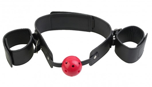 Кляп-наручники с красным шариком Breathable Ball Gag Restraint - Pipedream - купить с доставкой в Ростове-на-Дону