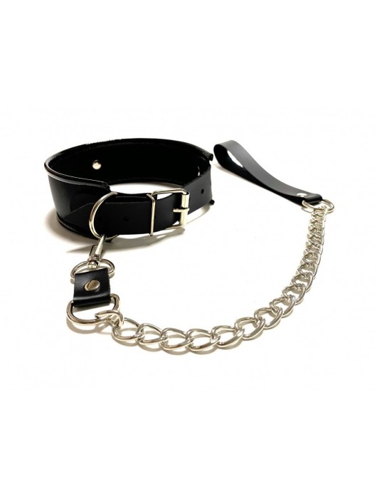 Черный ошейник с поводком из эко-кожи - БДСМ Арсенал - купить с доставкой в Ростове-на-Дону