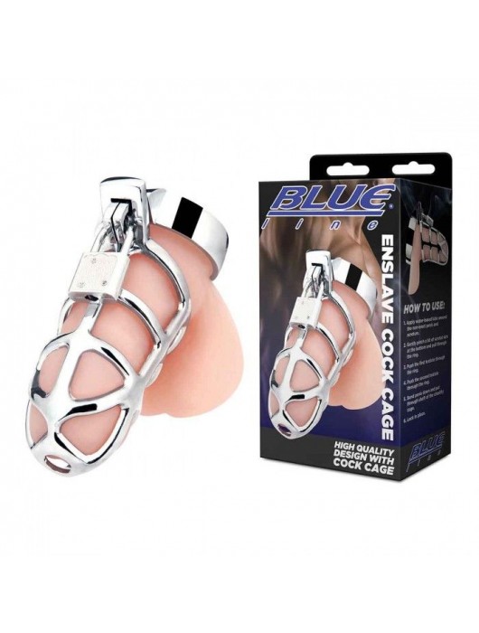 Серебристая металлическая клетка для члена с замком Enslave Cock Cage - BlueLine - купить с доставкой в Ростове-на-Дону