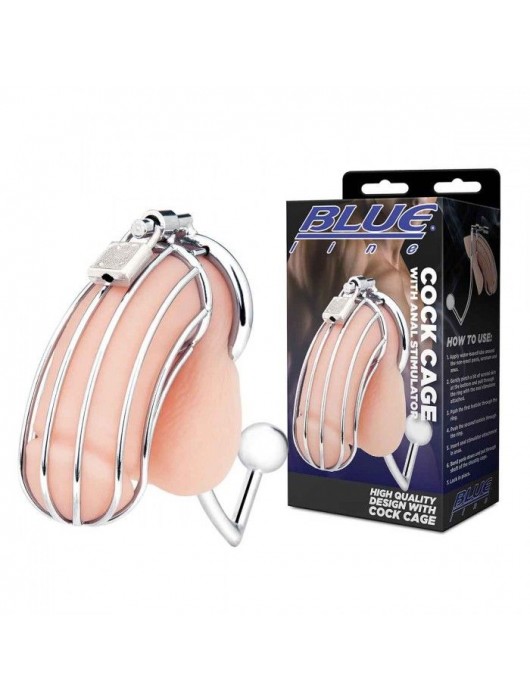 Серебристая металлическая клетка с анальным стимулятором Cock Cage - BlueLine - купить с доставкой в Ростове-на-Дону