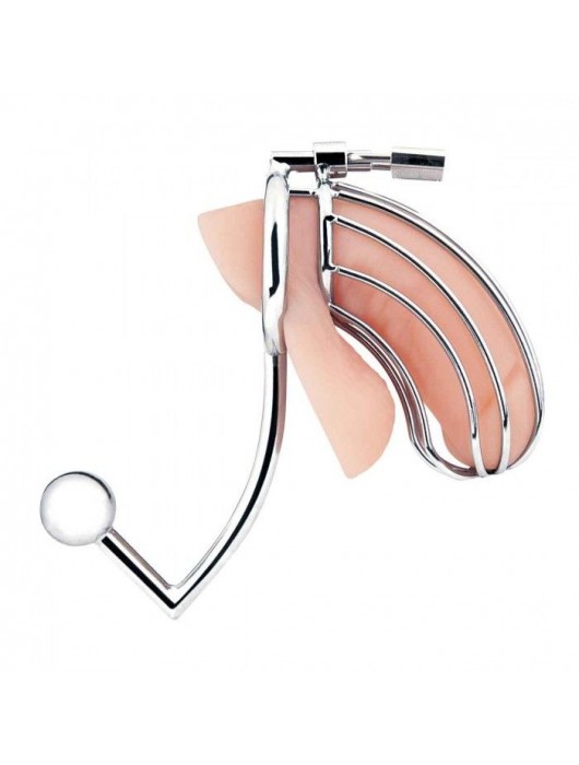 Серебристая металлическая клетка с анальным стимулятором Cock Cage - BlueLine - купить с доставкой в Ростове-на-Дону