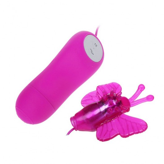 Розовый вибростимулятор с насадкой в виде бабочки - Baile