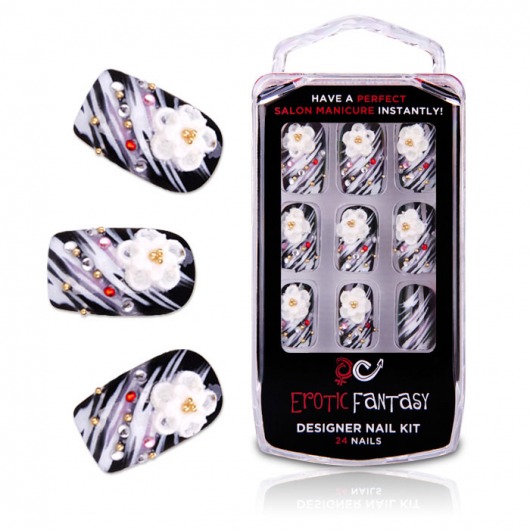 Черно-белые акриловые типсы со стразами и аппликацией Passion - Erotic Fantasy купить с доставкой