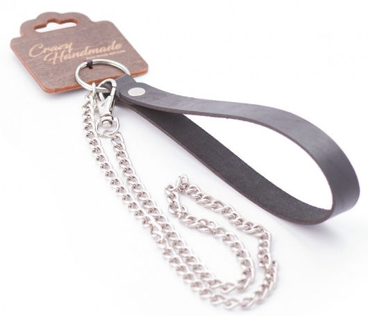 Серебристый металлический поводок с кожаной черной ручкой - 80 см. - Crazy Handmade - купить с доставкой в Ростове-на-Дону