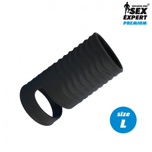 Черная открытая насадка на пенис с кольцом для мошонки L-size - 8,5 см. - Sex Expert - в Ростове-на-Дону купить с доставкой